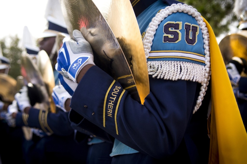 The Southern University Marching Band lines up for its march to Ace W. Mumford Stadium.
