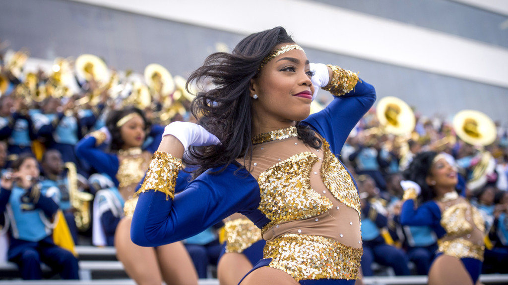 The Dancing Dolls dance in the stands during Southern's Homecoming game against Prairie View A&M on Saturday, October 17, 2015.