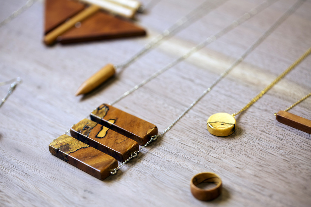 Some of Molly Taylor's wooden jewelry and accessories.