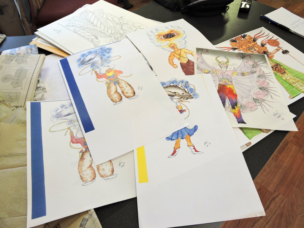Some of Carol Guion's past sketches. She designs costumes for the Krewe of Iduna and the Krewe of Apollo.