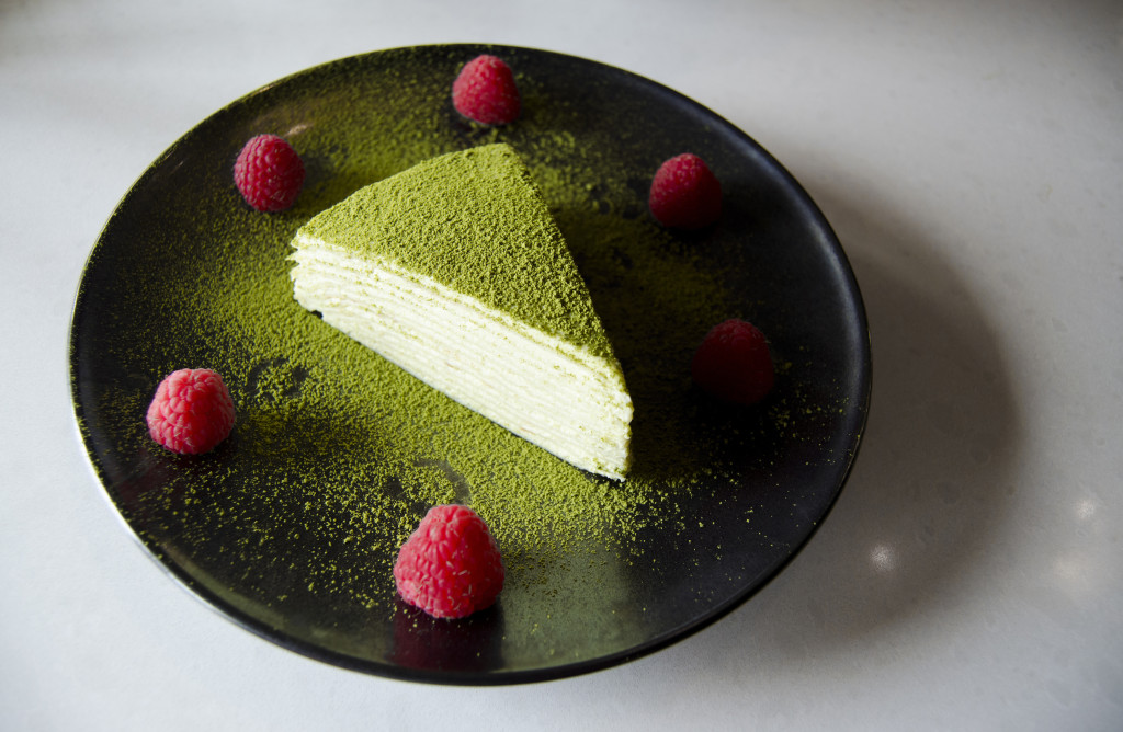 The signature dessert, a 12-layer green tea crepe cake