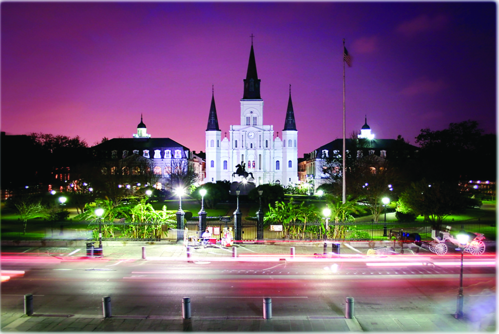 “Jackson Square” by Michael Styborski, an image from the Loving Louisiana exhibit at the Old State Capitol. / Five months after Hurricane Katrina people begin to return to Jackson Square. St Louis Cathedral is flanked by the Cabildo and the Presbytere.