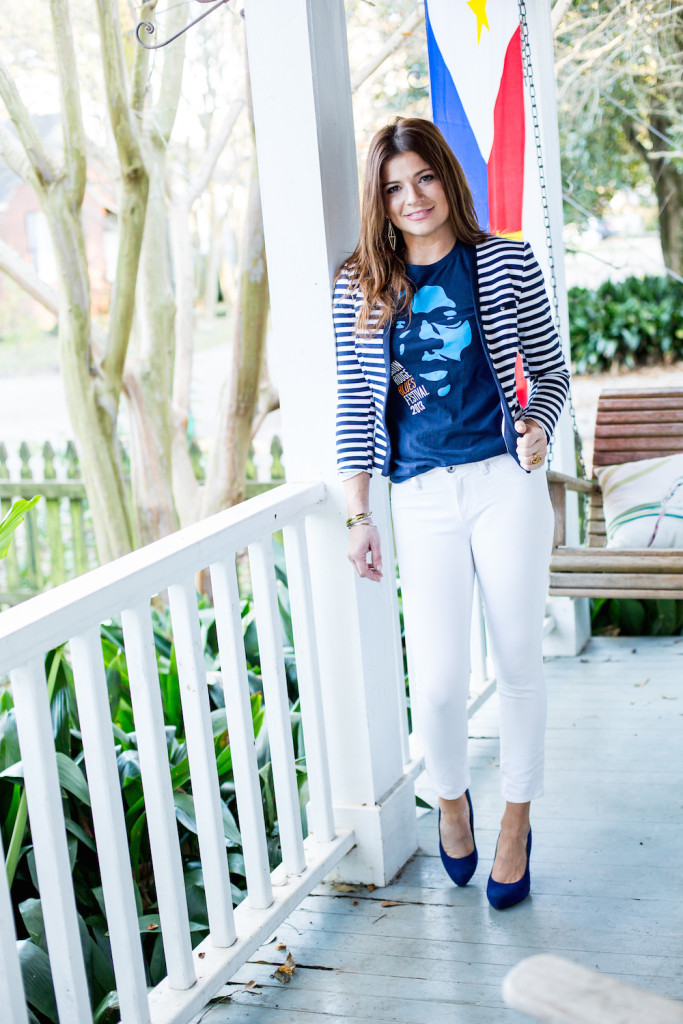 Dugas, who is the director of sales and marketing for City Pork, in her go-to work outfit: a Baton Rouge Blues Festival T-shirt, striped blazer from Swap, white jeans from a consignment store and blue suede shoes. 