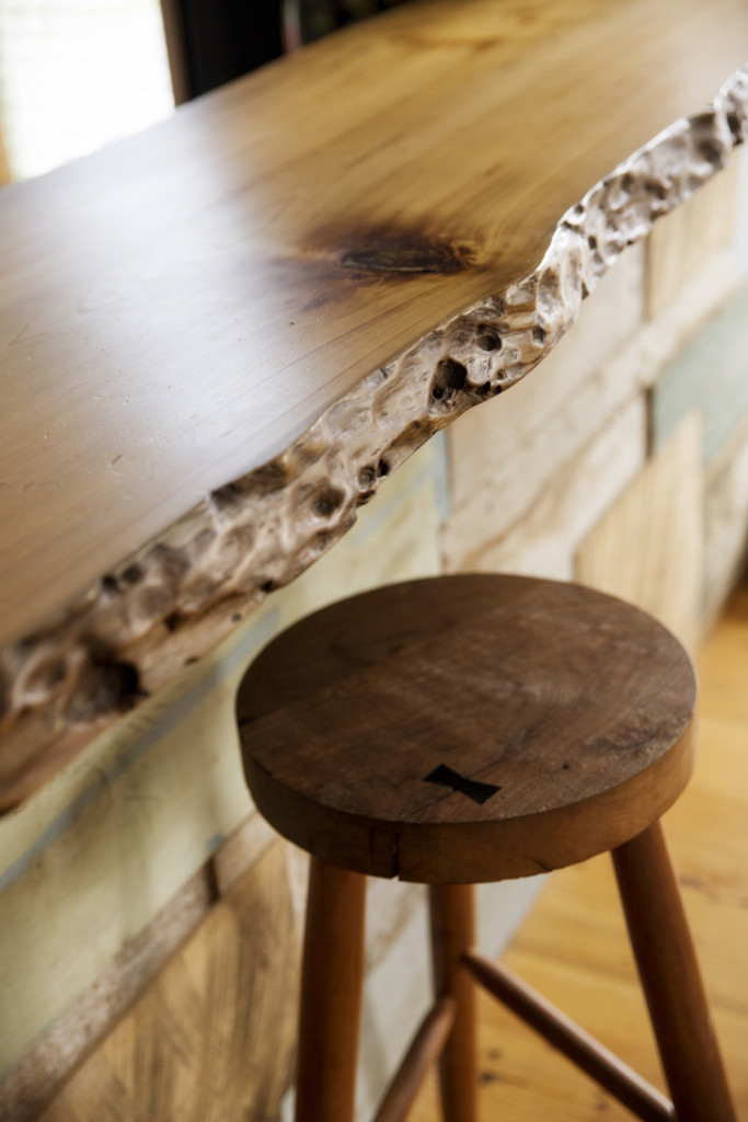 Moran made a breakfast bar using Louisiana sinker cypress. The wood’s edge shows the unique effects of the bayou’s rising and falling water levels.