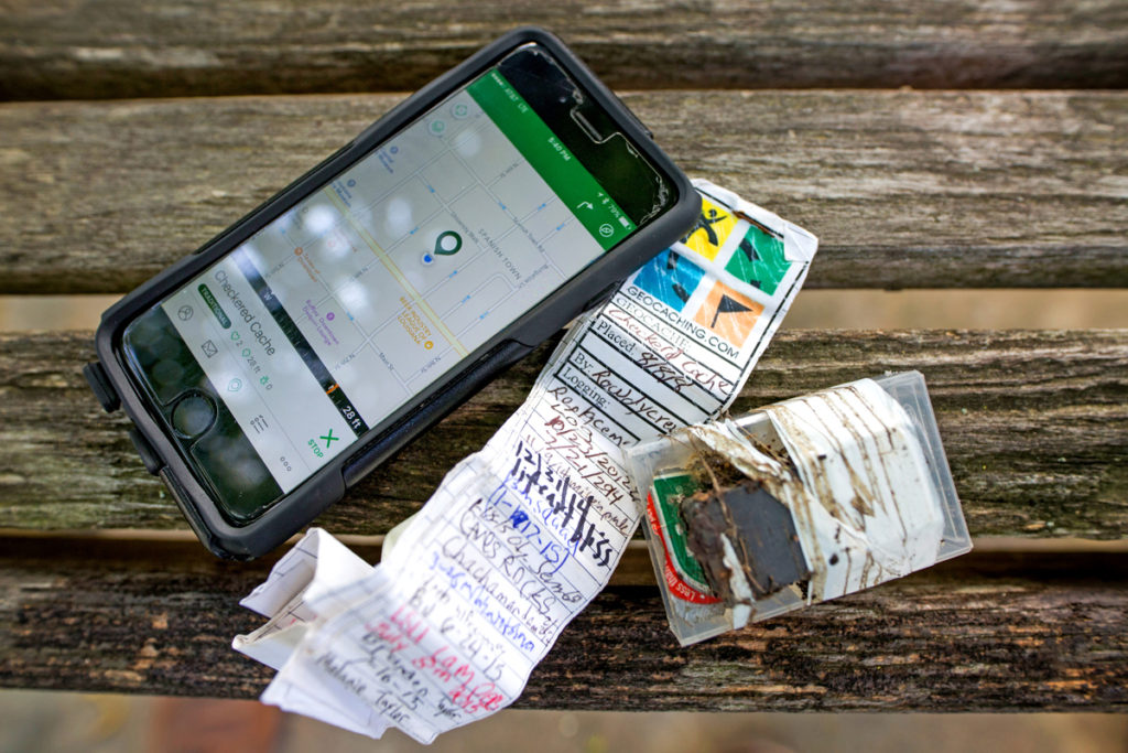 A “microcache” found near Spanish Town—a magnet, old Tic Tac box and sign-in sheet.