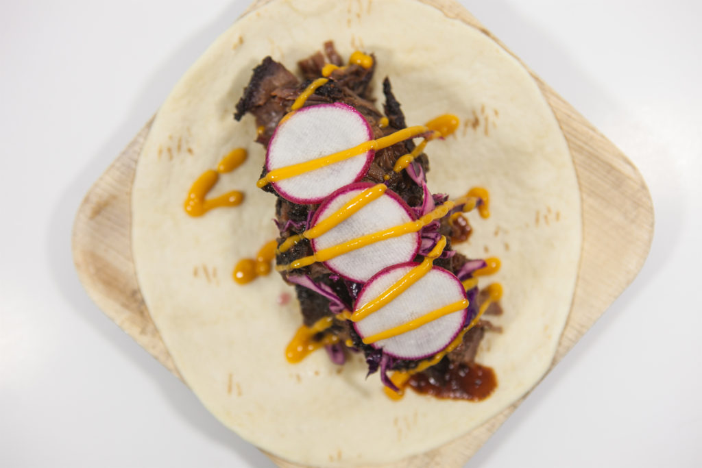 Chewy Flour-Smoked Brisket Taco, Jay D's BBQ Sauce, Purple Cabbage Slaw, Finger Radish