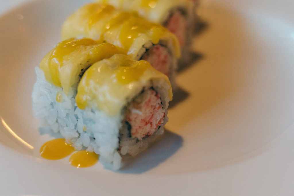The I-10 Roll includes snow crab and mango.