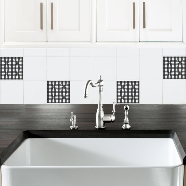 StickPretty’s faux backsplash tile tattoos can be used in both kitchens and bathrooms. Pictured here in “Gingham Ribbons”