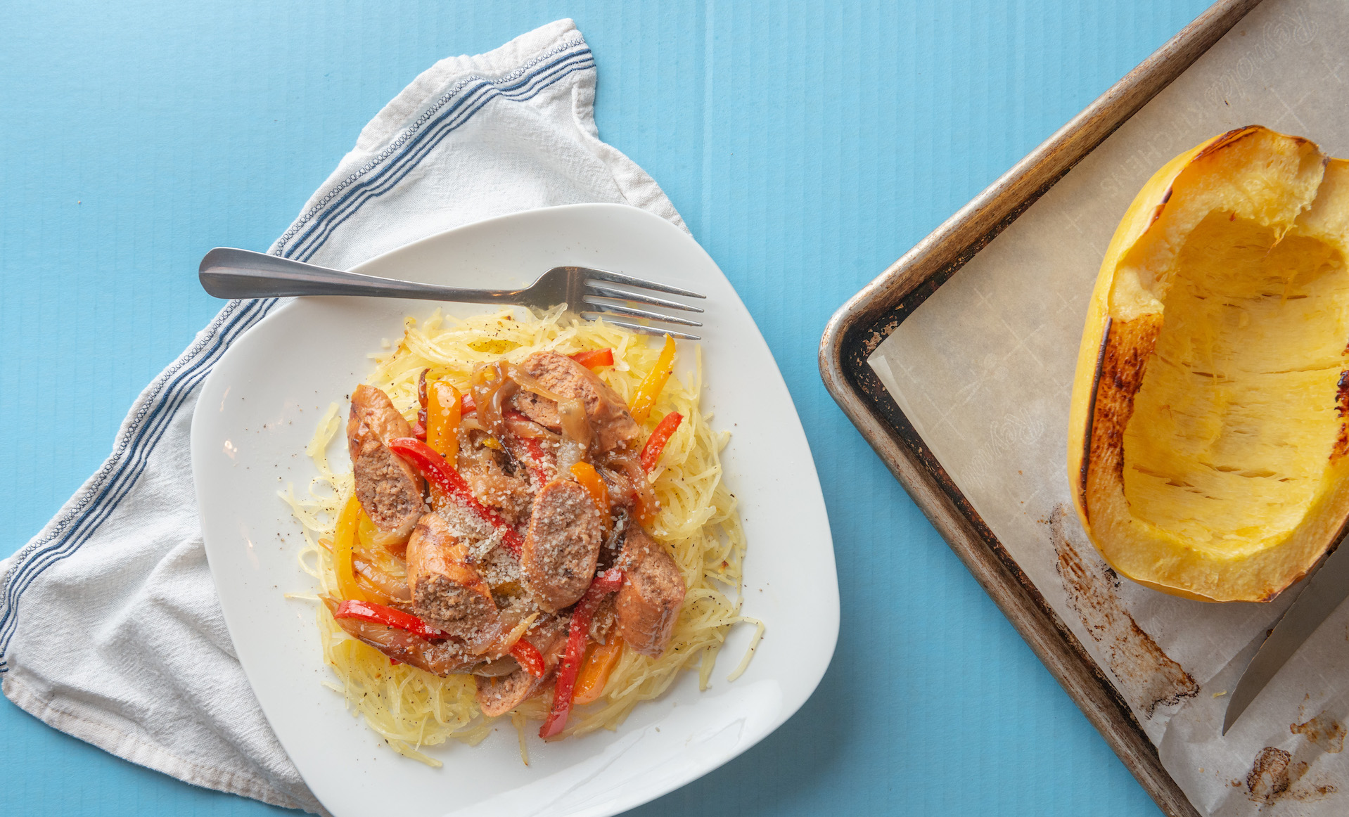What we’re cooking Spaghetti squash with spicy turkey sausage for a