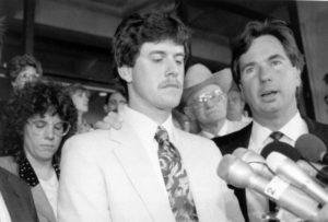 Rodney Peairs, left, and his attorney Lewis Unglesby talk with reporters on the steps of the East Baton Rouge Parish Court House in Baton Rouge, La., Sunday, May 23, 1993. Peairs was found not guilty of manslaughter charges in the shooting death of Japanese exchange student Yoshihiro Hattori. (AP Photo/Bill Feig)
