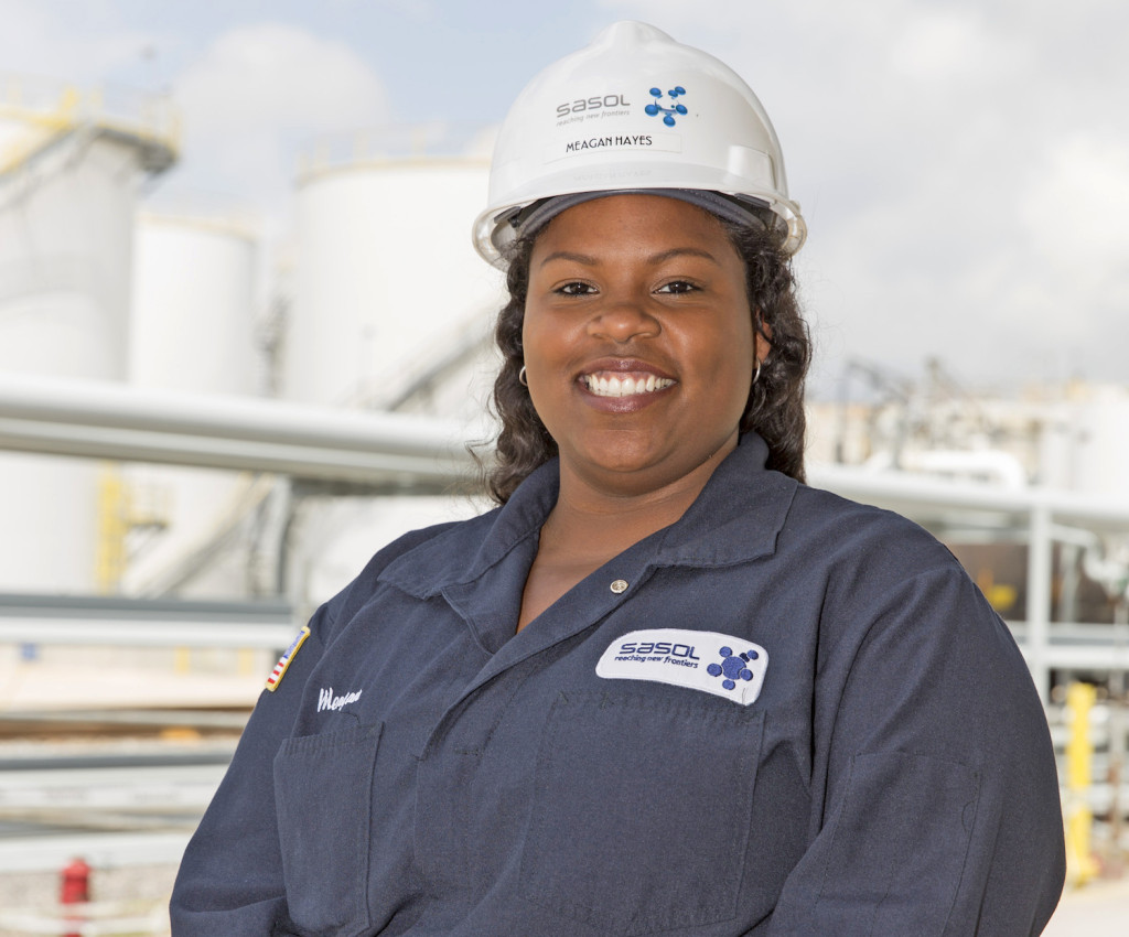 PROCESS TECH: Single mother Meagan Hayes is part of a 200-person team writing operating procedures in preparation for startup at the new Sasol operation in Westlake. (Photo by Lee Celano)